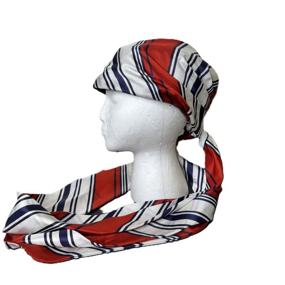 Vintage Red, White & Blue Satin Draped Head Scarf Turban, Handmade Headwear - Picture 2 of 4